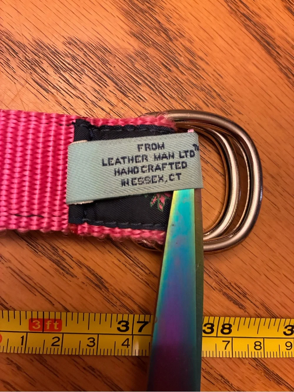 Eliza B by Leatherman Ribbon D-Ring Belt with Pink Floral Trim and pink crabs